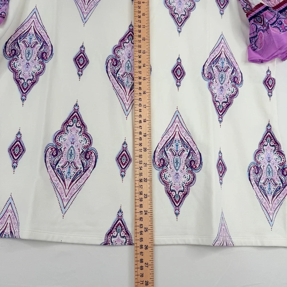 Chico's Knit Square Neck White Purple Paisley Chiffon Flutter Sleeve Top SZ-3-XL